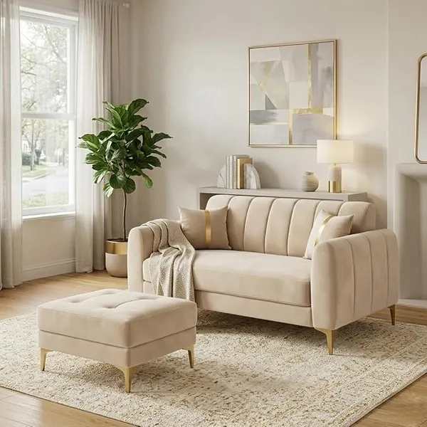 [Coupon + HDFC CC ] Hermione Luxe Velvet-Suede Fabric 2 Seater Sofa Set with Ottoman | Golden Legs | Comfortable Seating | Modern Sofa for Living Room – Cream