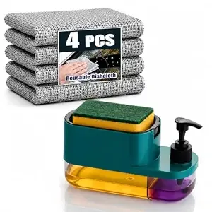 3-in-1 Kitchen Sink Soap Pump Dispenser with Sponge Holder & Dual Liquid Compartments | Countertop Dish Wash & Hand Wash Dispenser | Kitchen Sink Organizer with 4 Reusable Wire Dish Cloths Rs.149 @ Amazon