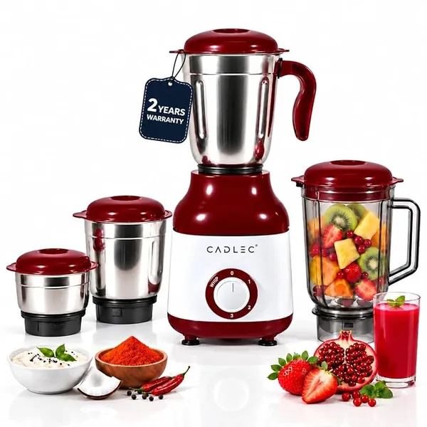 CADLEC MixCraft 750W Mixer Grinder with 4 Jars | Multi-Purpose Mixer, Blender & Juicer | Powerful Motor for Grinding, Blending & Juicing | Durable ABS Body | 2-Year Warranty, Maroon