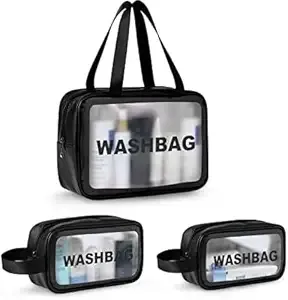 KASHIVAL Clear Travel Toiletry Bags Set, Waterproof Organizer Pouches, Large Capacity Storage Cases for Cosmetics, Accessories, 3 Pack (Black)