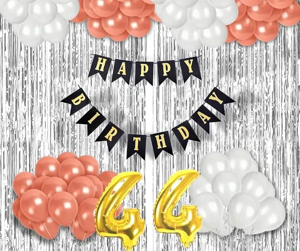 44th Birthday Decoration items for Girls with Rose Gold and White Balloons, Black Happy Birthday Banner, Silver Foil Curtain, Foil Balloon number 44