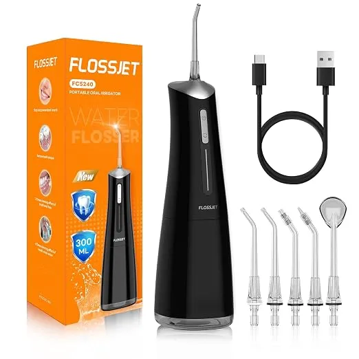 Water Dental Flosser for Teeth Cordless with 300ML 4 Cleaning Modes 5 Jet Tips Portable Oral Irrigator USB-Powered Electric Flosser IPX7 Waterproof Irrigator Dental for Home and Travel Black (Black) Rs.859 @ Amazon