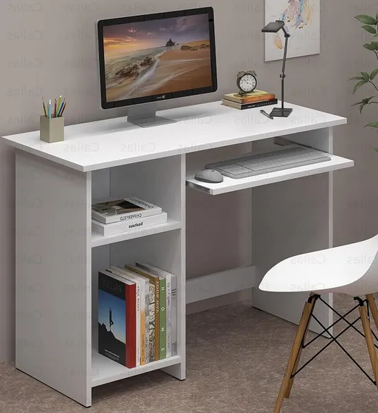 [ICICI CC] Callas Engineered Wood Computer Desk with Keyboard Tray – Small Modern Writing Desk for Home Office, Bedroom, or Living Room – Sturdy & Simple Laptop Table (CB-ST-04-White)