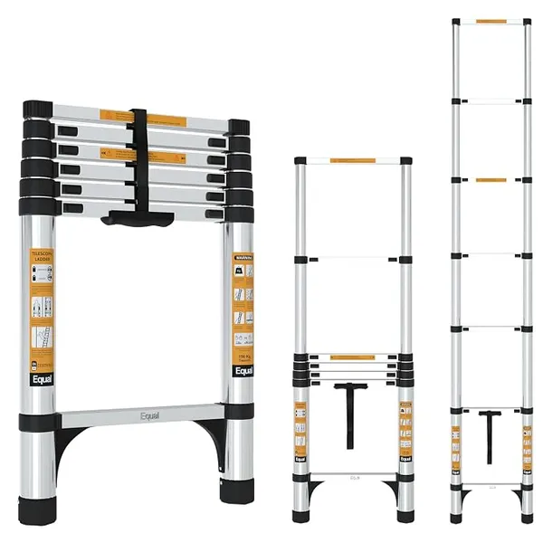 [HDFC CC] Equal 6.5 FT Portable & Compact Foldable Aluminium Telescopic Ladder | 2 Triangle Stabilizers | EN131 Certified | 2-Year Warranty | 150kg | Collapsible Ladder for Home & Kitchen Use (2m / 7 Steps)