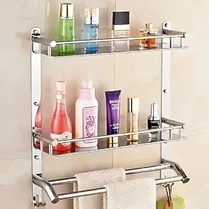 Pivalo 304 Grade Stainless Steel Bathroom Shelf with 2-Tier Rack Napkin Hanger Wall Mount Rack Floating Shelves Towel Rod Bathroom-Organizer Stand for Home Kitchen Wash Basin (1 Pc, Silver, 1003) Rs.541 @ Amazon