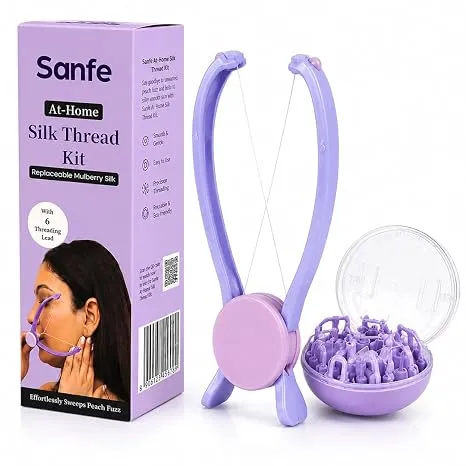 Sanfe At-Home Silk Thread Kit | Replaceable Mulberry Silk Threading Tool for Women | Removes Facial Hair, Peach Fuzz & Upper Lip Hair | Reusable Facial Hair Remover with 6 Threading Leads | Pack of 1