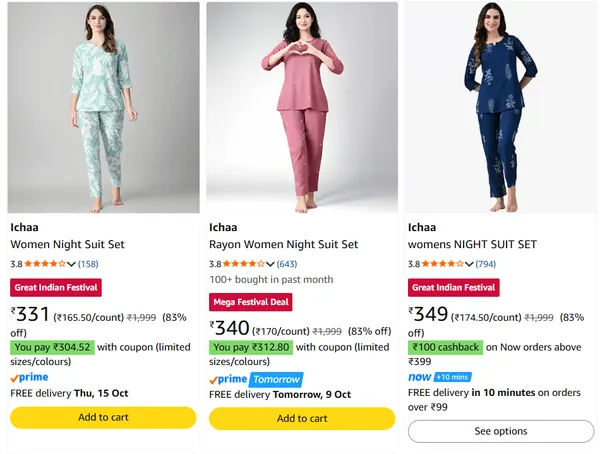 Ichaa Women's Pyjama Sets upto 82% off starting From Rs.359 @ Amazon
