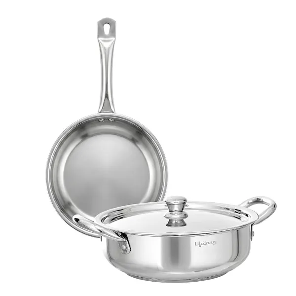 Lifelong Stainless Steel Cookware Set with 2.5L Kadhai & 1.5L Fry Pan, Induction Bottom, Riveted Handle, Even Heating, Dishwasher Safe, Silver