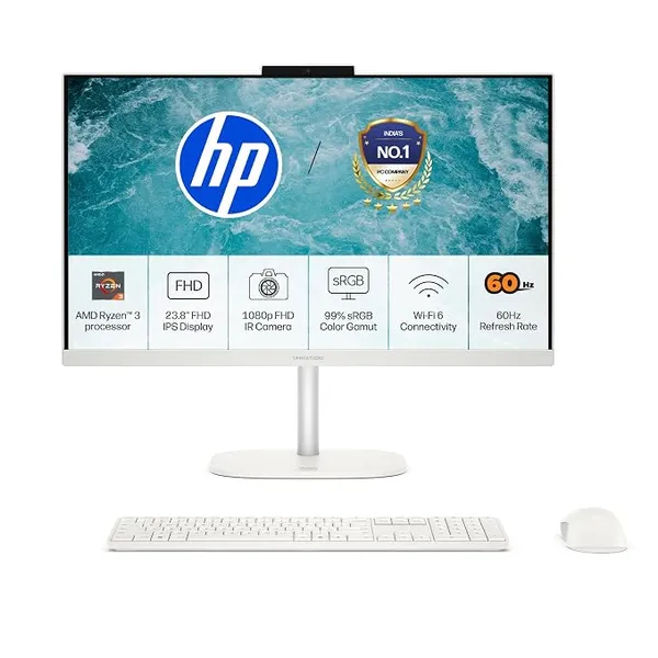 [HDFC CC] HP OmniStudio All-in-One, AMD Ryzen 3 30, 8GB LPDDR5x, 512GB SSD, FHD, 23.8''(60.5cm), Win 11, Office 24, Cashmere White, 4.61kg, cv0020in, Dual 2 W Speakers, FHD IR Camera, Anti-Glare, Desktop