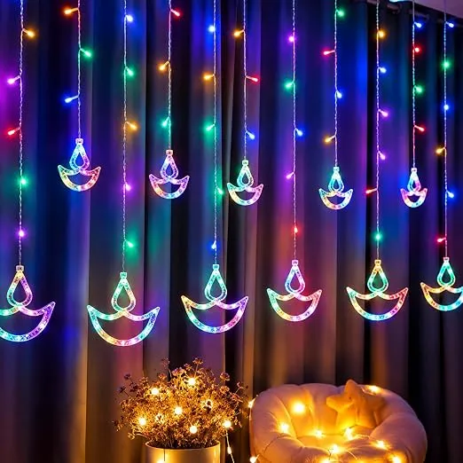 Desidiya® 12 Diya Multicolor LED Curtain String Light for Diwali Decoration Waterproof Hanging Diyas, 8 Flashing Modes, Indoor Outdoor Decorative Lighting for Home Décor