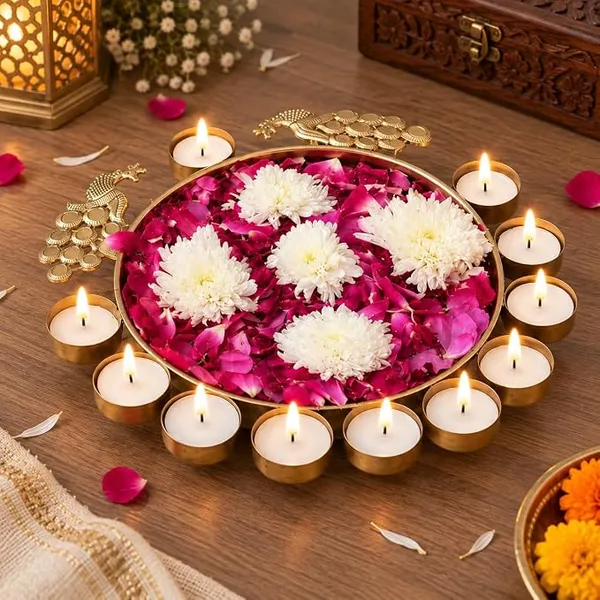 [Apply 5% Coupon] eCraftIndia Golden Metal Traditional Peacock Designer Urli with 11 Tea Light Holders - Perfect Diwali and Festival Home Decor Centerpiece
