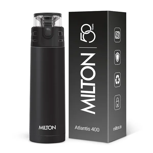 Milton Atlantis 400 Thermosteel Water Bottle 350 ml, 24 Hr Hot and Cold I Leak Proof Lid, ISI Certified I Vacuum Insulated I for Office, Gym, School I Black