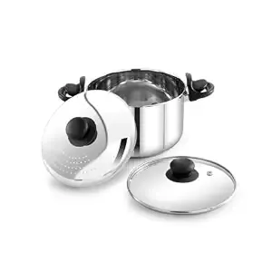 Praylady 3.0L Stainless Steel Strainer Pot with Glass Lid (20 CM) – Induction Base Multi-Purpose Cooking Pot for Rice, Vegetables, Noodles & Pasta Pot – Anti-Locking, Dishwasher Safe.