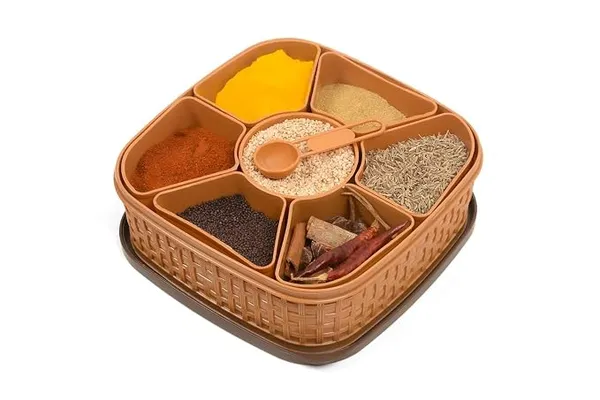 [Apply 2% Coupon] Network Plastic Square 7 Sections Masala Rangoli Dabba Box Set | Multipurpose Spice Box with 7 Removable Containers & Spoon | Kitchen Storage Organizer for Whole Spices, Masalas, Dry Fruits