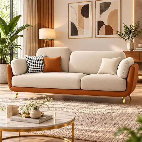 [HDFC CC] APRODZ Luxelle Modern Sofa 3 Seater Velvet Removable Covers Sofa Set with Tufted Backrest Couch Cushioned Seating Tipped Wooden Legs Couch for Living Room & Lounge (Tri-Tone)
