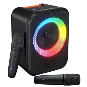 [HDFC CC] Portronics 30W Dash Wireless Bluetooth Portable Speaker with Dual Wireless Karaoke Mic, Echo Control, 5 Hour Playtime, RGB LED Light, Bluetooth V5.4, Easy Grab Handle, USB in, Type C Charging(Black)