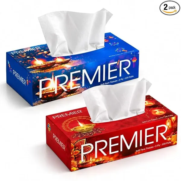 Premier 2-Ply Tissue Paper Box, 100 Pulls Each, Pack of 2 | Red & Blue | Special Diwali Edition Tissue Boxes | Festive Table & Home Essentials Rs.99 @ Amazon