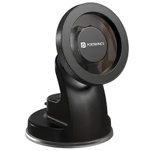 Portronics Clamp M4 Prime Magnetic Car Phone Mount with Strong Suction Cup, 360° Rotation, 90° Tilt, Windshield & Dashboard Mount, Metal Ring Included, Fits 5.4–6.7 Inch Smartphones, Black