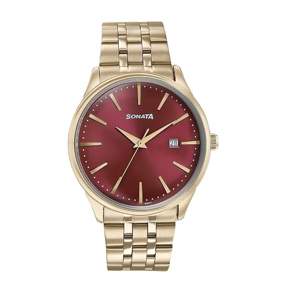 [Apply 8% Coupon] Sonata Wedding Edit Quartz Analog with Date Red Dial Stainless Steel Strap Watch for Men