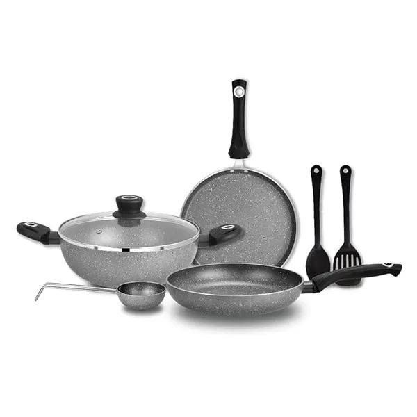 [Apply 2% Coupon] BERGNER Aluminium Bellini Marble Non Stick Cookware Set 7Pc-Kadhai with Glass Lid 24Cm, Dosa Tawa 28Cm, Frypan 24Cm, Tadkapan, 2 Spatula, Induction Compatible, 1 Year Warranty by Bergner, Grey