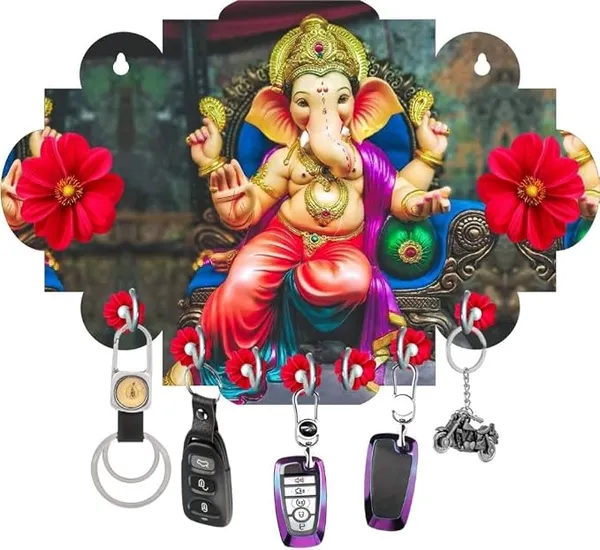 Wood Ganesh Key Hanger for Home Decor and Hanging Wood Key Holder (7 Hooks, Multicolor)_fanti red Dhoti Ganesh Rs.49 @ Amazon