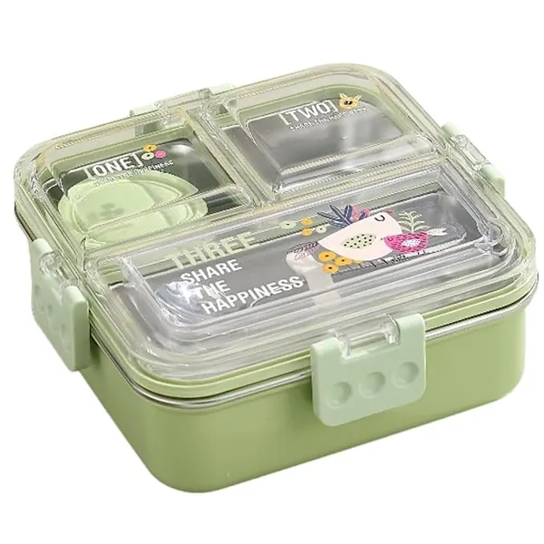 ATTRO Time to eat Kids Lunch Box with 3 Compartment Inner Steel, 1 Small Container & 1 Spoon Leakproof BPA Free Heating & Water Insulation Design- 1120ml+70ml Green