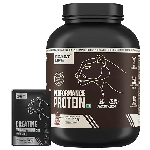 BeastLife Performance Yeast Protein Powder with Creatine Monohydrate | 25g Protein | Chocolate, Unflavoured | NABL Lab Certified | High Absorption for Muscle Growth | Smooth & Light, Easy to Digest with Ultrasorb Tech | 5.64g BCAA | Best For Gut | B