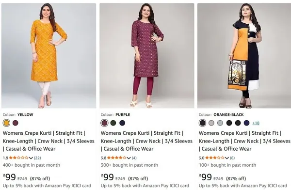 Women's Kurtas & Kurtis upto 88% off starting From Rs.99 @ amazon