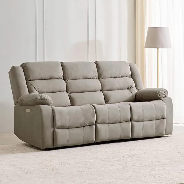 [HDFC CC] Home Centre | Cairo NXT 3-Seater Electric Recliner Sofa | Fabric Recliner for Living Room | Solid Wood | Beige | 1 Year Warranty