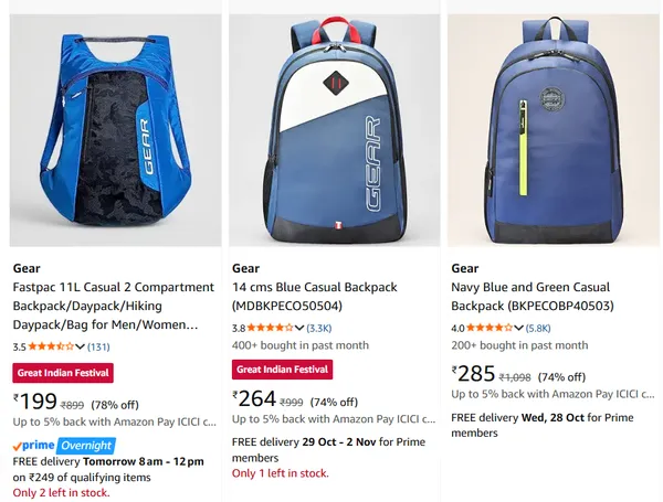 Gear Backpacks upto 82% off starting From Rs.199 @ Amazon