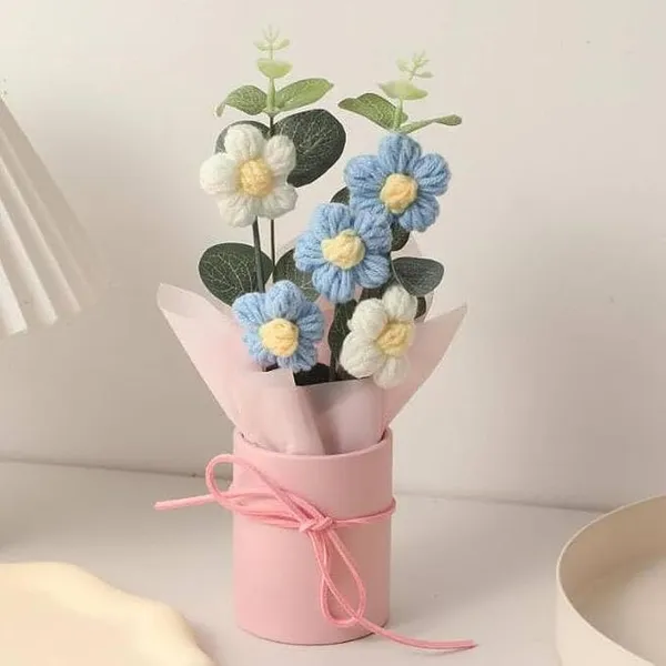 MPROW 1pcs Artificial Crochet Flower Bouquet/Artificial Flowers Bunch/Crochet Flowers Bouquet/Crochet Flowers/Flowers Bouquet Gift for Girls Home Decor,Gifting,etc. (Pink Daisy Bouquet)