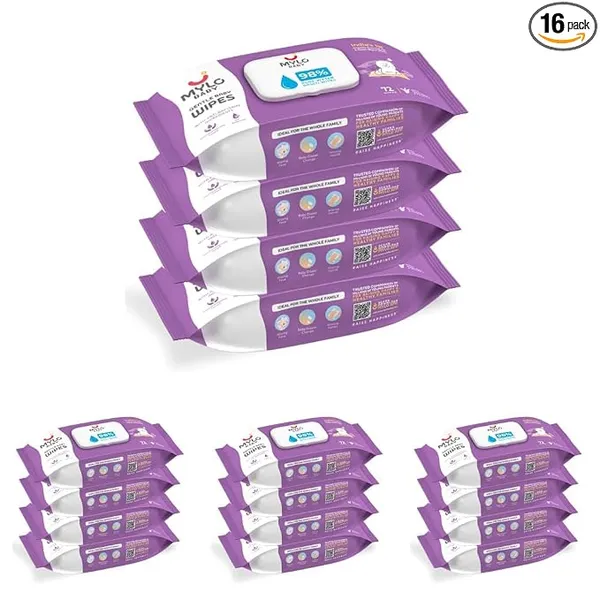 Mylo Gentle Baby Wipes with Lid (72 Wipes x 16 Pack - 288 Water Wipes) | Natural Wet Wipes with Organic Coconut Oil & Neem| Cotton Cloth with Extra Thick