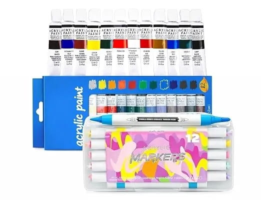 Corslet Set of 24pcs: 12 Colors Paint Tubes Acrylic Paint Set with 12 Dual Tip Acrylic Markers Combo Art Supplies Kit for Canvas Fabric Wood Glass Diy Craft Painting Set for Kids & Adults