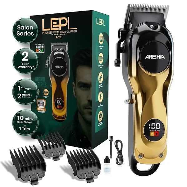 A-203 Professional Hair Clipper for Men, Cordless Hair Trimmer, Stainless Steel Blades, 2000mAh Battery, 160 Min Runtime, Taper Lever, LED Display, Type-C Charging, 2 Year Warranty, Gold/Black