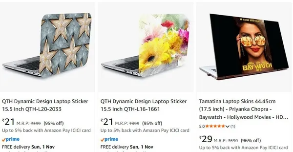 Laptop Skins Covers upto 96% off starting From Rs.21 @ amazon