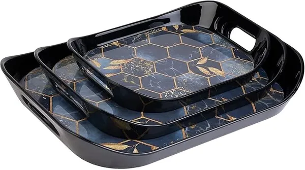 SORATH Set of 3 Printed Plastic Serving Trays | Multipurpose Kitchen & Dining Serving Set | Lightweight, Durable, Easy to Clean Trays for Snacks, Tea, Coffee & Food Serving (Honey Comb)