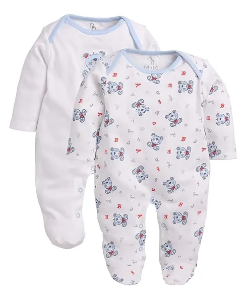 BABYGO Baby Boys & Baby Girls Cotton Full Sleeve Sleepsuit Pack of 2 | Newborn Infant Romper Jumpsuit with Snap Buttons | Soft Breathable Onesie Set | Cute Bear Print & Striped Design