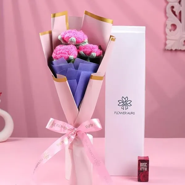 Floweraura Premium Artificial Crochet Flower Bouquet of 3 Pink Roses in Luxury Paper with Rose Attar Gift for Birthday | Anniversary | Romantic Surprise | Rose Day | Valentine's Day | Women's Day