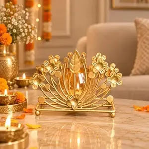 MARKET 99 Golden Leaf T-Light Candle Holder | Metal & Glass Single Votive Bowl for Diwali Decoration Items | Decorative Tea Light Stand for Home, Office, Wedding, Christmas & Festive Table Decor
