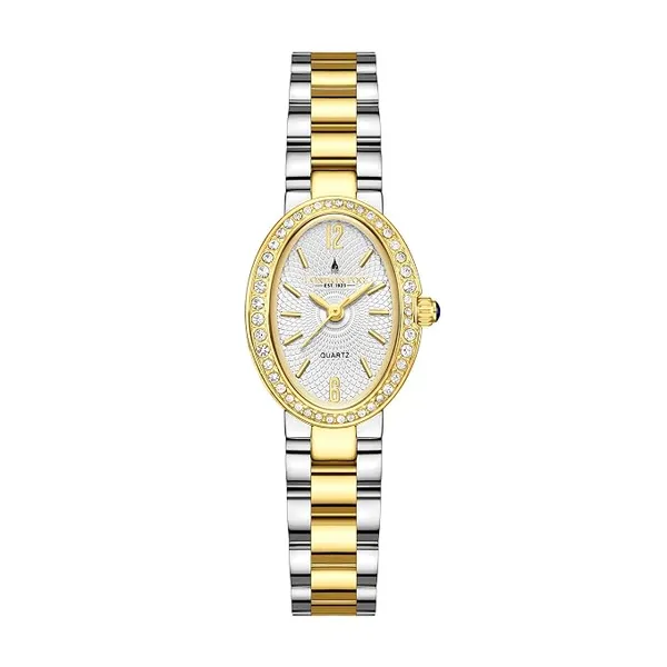 London Fog Queenhithe Collection Watch for Women with Oval Textured Dial, Crystal Studded Bezel, Blue Crown Accent, Quartz Movement and Stainless Steel Strap - LFW20003
