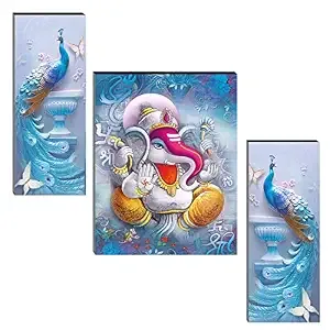 Indianara Set of 3 Ganesha with Peacocks MDF Art Painting (3880FL) without glass 4.5 X 12, 9 X 12, 4.5 X 12 INCH
