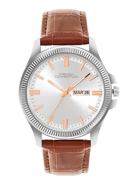 French Connection Sunray Silver Round Dial with Brown Leather Strap Watch for Mens - FCN0121BRL