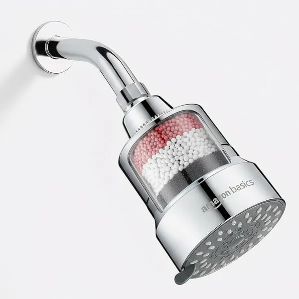 Amazon Basics Filtered Shower Head with 5 Spray Modes | Water Softener | ABS Material | Chrome Finish | 13.3L x 9.6W cm