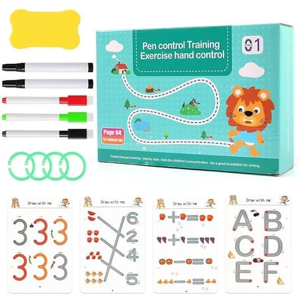 TEKCOOL 64 Pages Magical Tracing Workbook Set, Hand Writing Pen Control Training Book for Learning to Write The Alphabets & Numbers, Preschool Educational Reusable Learning Book for Kids (1)