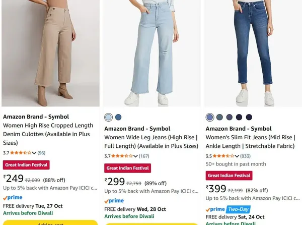 Amazon Brand Women's Jeans & Jeggings upto 89% off starting From Rs.249 @ amazon
