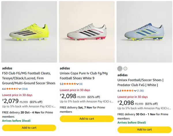 Adidas Unisex Football Shoes upto 65% off starting From Rs.2079 @ amazon