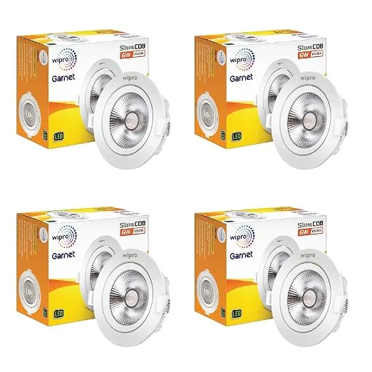 wipro Garnet 6 W Slim COB Downlight for False Ceiling | Cool Day White (6500K) | Ceiling or Cabinet Light with Adjustable Optics | Pack of 4