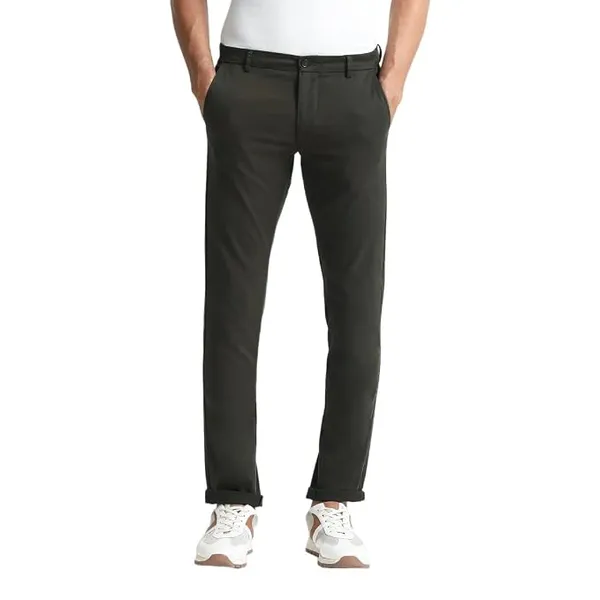 Arrow Sports Mens Green Solid Mid Rise Cotton Button Fitted Slant Pocket Casual Pants (ASAETRO2706_Green_30)