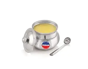 TOSAA Stainless Steel Ghee Pot with Lid & Spoon | Multipurpose Ghee Container for Kitchen Storage | Food Grade Rust Resistant Steel | Mirror Finish | Easy to Clean | Medium - 350 ML