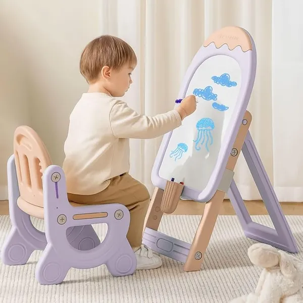 Little Olive Kids Chair and Drawing Board with Easel Plastic Activity Table | Creative Learning Station for Toddlers | Pastel Purple | DIY Assembly